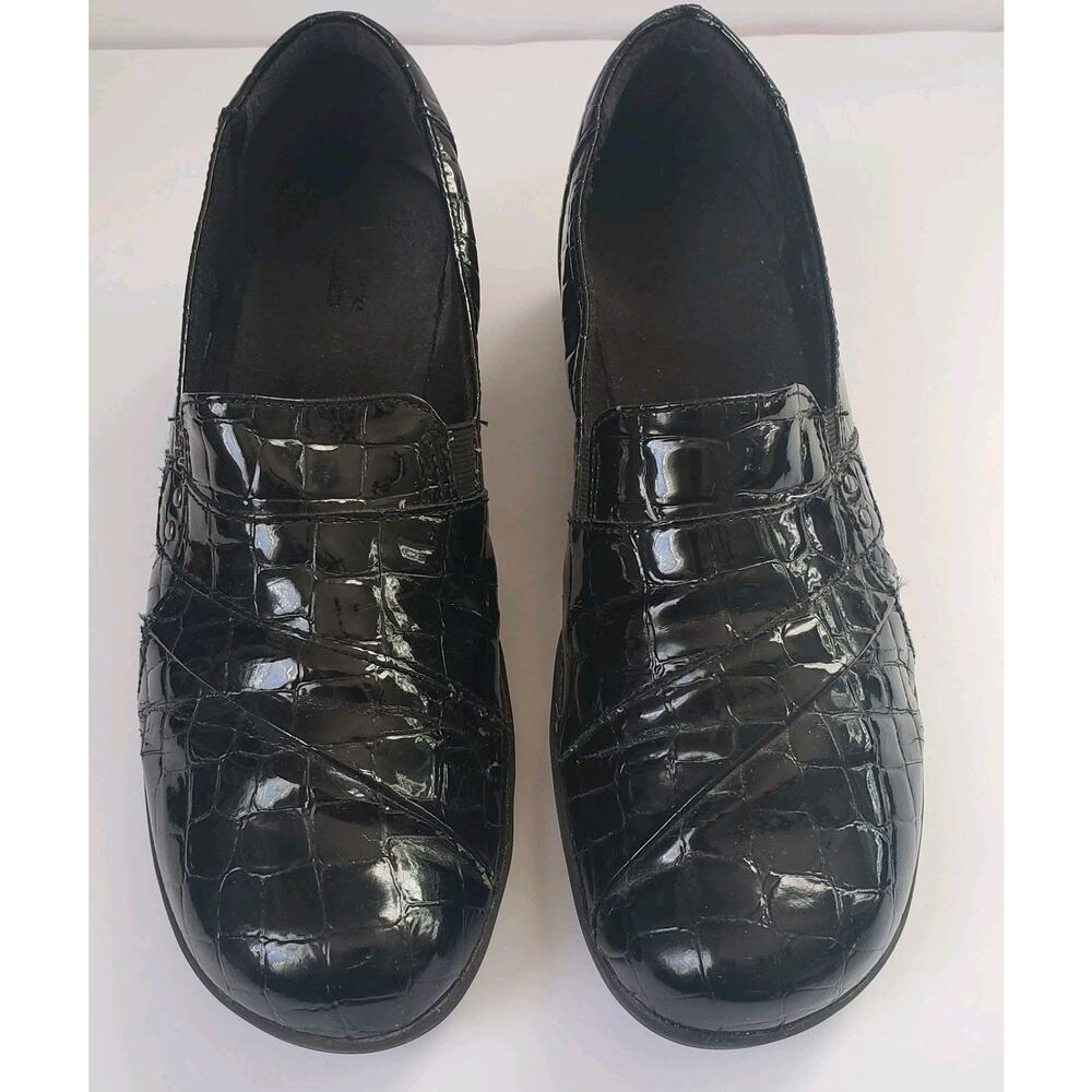 Clarks Women 10 May Marigold Black Patent Croc Slip On Loafer Shoes Comfort